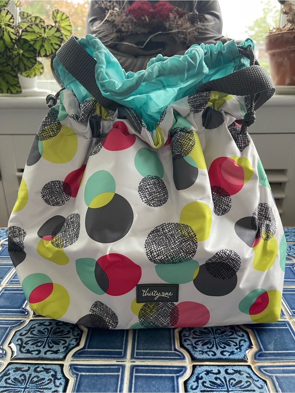 Thirty-One Aqua Multi-Color Drawstring Lunch Tote